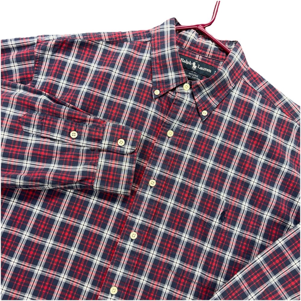VTG Ralph Lauren Moore Shirt Mens Large Red Blue Oxford Cloth Tartan Plaid 90s